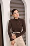 Turtleneck Rose Detailed Ribbed Knit Long Sleeve Blouse - 5