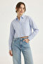 Gold Cvc Textured “High-Waist” Cut Striped Crop Shirt - 5