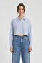 Gold Cvc Textured “High-Waist” Cut Striped Crop Shirt - 2