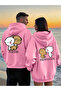 Sevgili Kombin Hoodie Couple Sweatshirt - Special for Couples with Teddy Bear Print Pair Perfect Pink