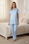 Women's Blue Linen Scalloped Lace Maternity Pajama Set - 3