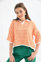 Women's Polo Neck Short Sleeve Striped Knit Sweater 10097