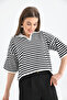 Women's Polo Neck Short Sleeve Striped Knit Sweater 10097