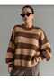 Brown Striped Crew Neck Oversize Women's Knitwear Sweater - 6