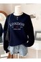 Women's Navy Blue London Est Printed Oversized Crew Neck Sweatshirt - 4