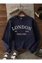 Women's Navy Blue London Est Printed Oversized Crew Neck Sweatshirt - 2