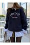 Women's Navy Blue London Est Printed Oversized Crew Neck Sweatshirt