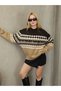 Women's Knitwear Sweater Turtleneck Off-The-Shoulder Geometric Pattern Brown–Beige–Cream Tones Long Sleeve