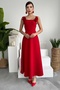 Women's Red Atlas Fabric Strapless Neck Rose Accessory Design Strap Maxi Dress 258 - 7