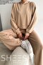 Soft Textured Modal Camel Top and Bottom Set Bottom Palazzo Sweatpants Trousers Top Crop Hoodie - 2
