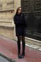 Women's Mock Neck Diamond Pattern Stone Detailed Soft Textured Mini Dress Black - 3