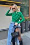 Green Half Turtleneck and Waist Draped Women's Blouse Crop - 2