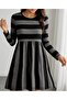 Women's Long Sleeve Crew Neck Striped Pattern Detailed Single Jersey Mini Dress - 5
