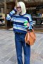 Navy Blue Crew Neck Striped Women's Sweater Mg2599 - 8