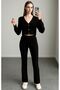 Women's Black Ribbed Knitted Fabric V-Neck Buttoned Crop Sweatshirt Loose Fit Casual Tracksuit Set