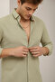 Summer Linen Textured Long Sleeve Green Half Oversize Men's Shirt - 8