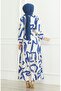 Patterned belted linen dress 0471a-03 beige navy blue - 6