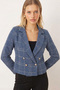 Women's Indigo-Beige Double-Breasted Collar Tweed Crop Jacket Arm-24K001014 - 5