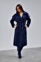 Women's Navy Blue Oversize Trench Coat – Lined Long Double-Breasted Belted Trench Coat with Double Pockets | - 2