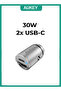 شاحن سيارة PD Nano بقوة 30 وات بمنفذين USB-C A4 فضي