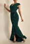 Women's Emerald Scuba Fabric Double-Breasted Neck Ruffled Evening Graduation Wedding Dress - 2
