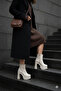 Women's Beige Platform High Heel Ankle Length Zippered Boots - 7
