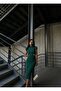 Women's Green Shoulder Padded Brooch Detailed Bat Sleeve Draped Midi Evening Dress - 3