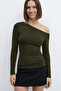 Khaki Asymmetrical Neckline 100% Cotton T-Shirt Blouse