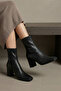 Black Leather Blunt Toe Center Stitched Heeled Boots (7cm) - 3