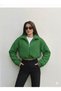 Women's Green Zippered Curly Fabric Short Jacket