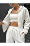 Women's Ecru Stylish Zip-Up Three-Thread Unbrushed Fabric Top and Bottom Tracksuit Set 0057 - 3