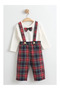 Baby Boy New Year Outfit Red Checkered Suspender Pants and Bodysuit Set - 2
