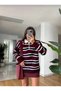 Burgundy Striped Polo Neck Buttoned Women's Knitwear Sweater - 6