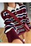Burgundy Striped Polo Neck Buttoned Women's Knitwear Sweater