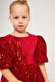 Sequin Balloon Sleeve Dress-Red - 6