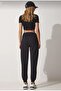 1+1=2 Pieces Jogger Trackpants Black - Gray Elastic Cuffs High Waist Sweatpants - 5