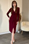 Burgundy V-Neck Midi Slit Dress with Knotted Front - 3