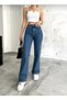 Denny Stretch Fabric Medium Blue Loose Super High Waist Wide Leg Denim Jeans - 4