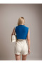 Women's Blue Boat Neck Gathered Sleeveless Sandy Fabric Blouse - 6