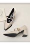 Beige Leather Heeled Women's Shoes with Gold Buckle - 3