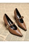Women's Gold Buckled Tan Leather High-Heeled Shoes - 2