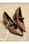 Women's Gold Buckled Tan Leather High-Heeled Shoes - 3