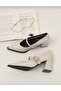 Beige Leather Heeled Women's Shoes with Gold Buckle - 4