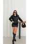 Leather Crop Jacket Fleece-Lined Black with Pockets Elastic Waist Cover Pocket Detail Women