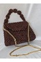 Velvet Textured Brown Beaded Design Bag – Gold Chain Detail - 3
