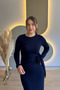 Slit Long Sleeve Navy Blue Modal Dress with Side Ties - 8