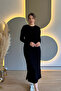 Slit Long Sleeve Black Modal Dress with Side Ties - 3