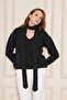 Women's Soft Textured V-Neck Oversized Wool Knitwear Sweater Scarf Set 7141 Black - 3