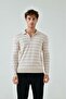 Beige Polo Neck Buttonless Long Sleeve Striped Sweater