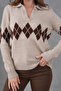 Women's Polo Neck Patterned Half Placket Knitwear Sweater 8597Sw - 4